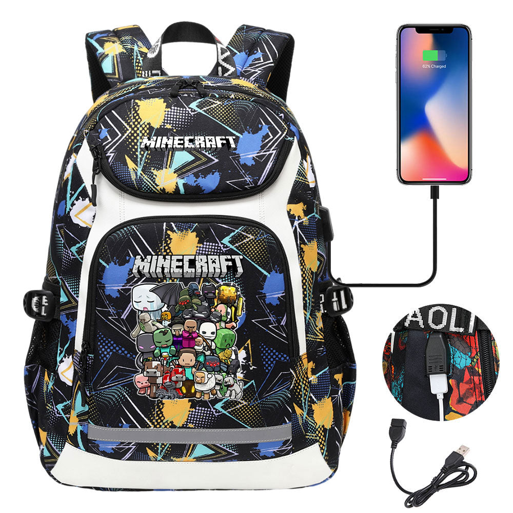 Minecraft USB Charging Backpack School NoteBook Laptop Travel Bags