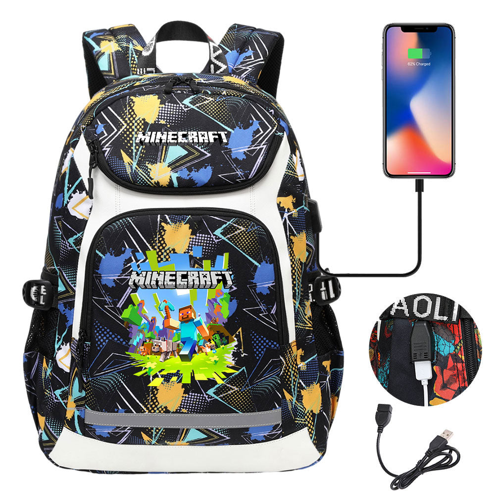Minecraft USB Charging Backpack School NoteBook Laptop Travel Bags