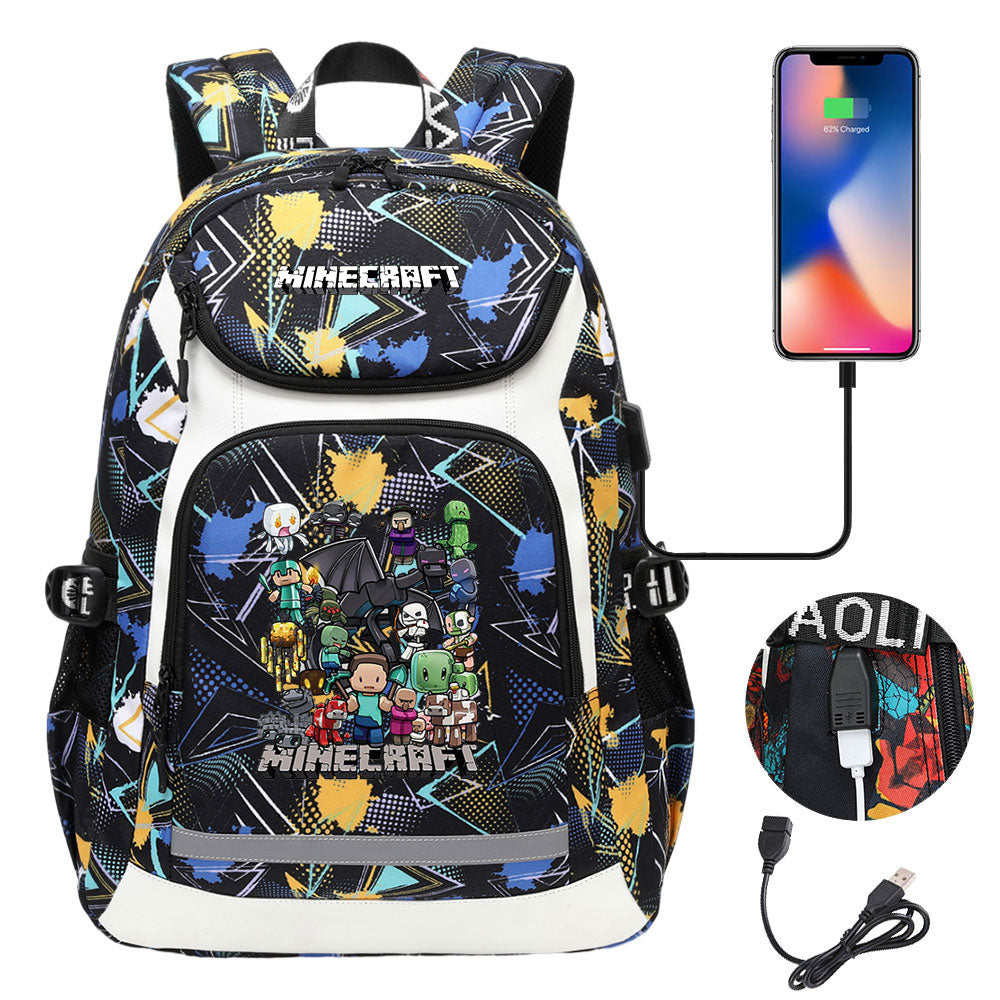 Minecraft USB Charging Backpack School NoteBook Laptop Travel Bags