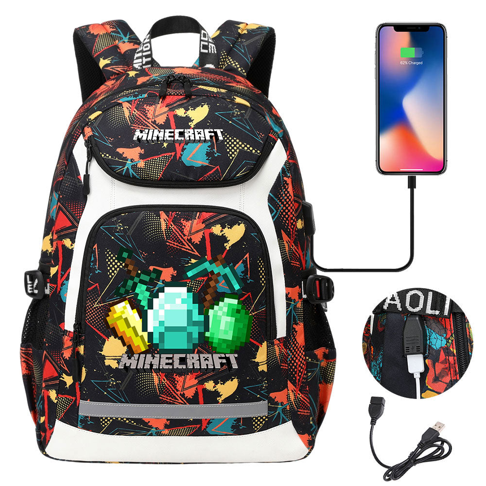 Minecraft USB Charging Backpack School NoteBook Laptop Travel Bags