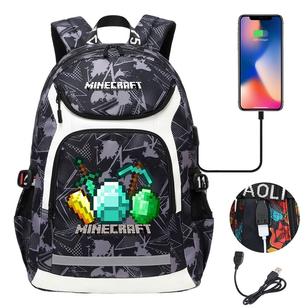 Minecraft USB Charging Backpack School NoteBook Laptop Travel Bags