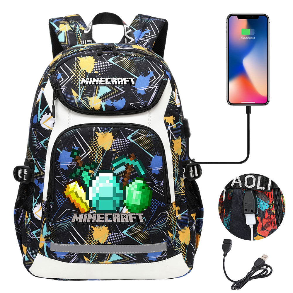 Minecraft USB Charging Backpack School NoteBook Laptop Travel Bags