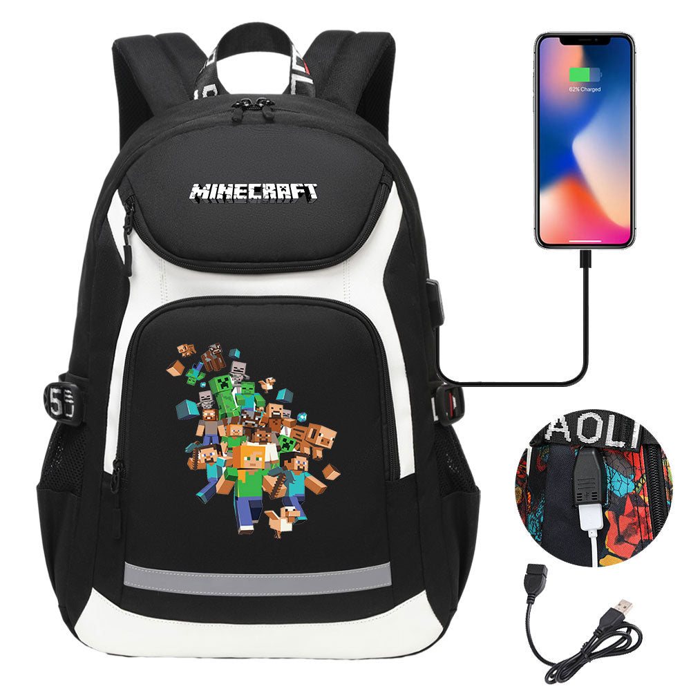 Minecraft USB Charging Backpack School NoteBook Laptop Travel Bags