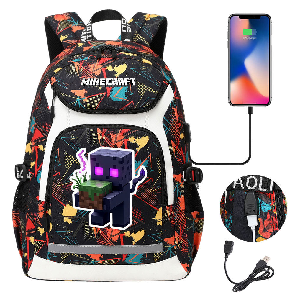 Minecraft Enderman USB Charging Backpack School NoteBook Laptop Travel Bags