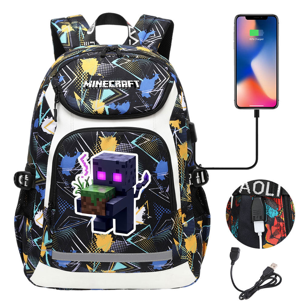 Minecraft Enderman USB Charging Backpack School NoteBook Laptop Travel Bags