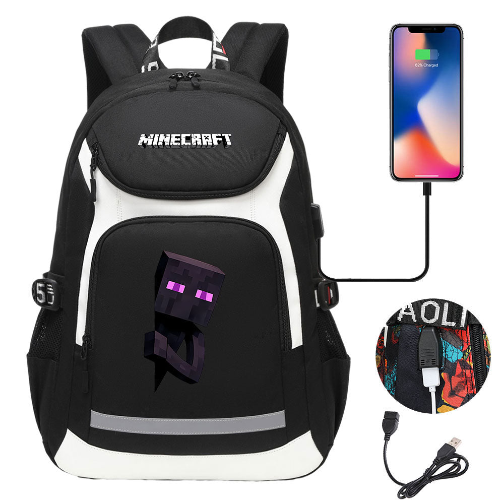 Minecraft Enderman USB Charging Backpack School NoteBook Laptop Travel Bags