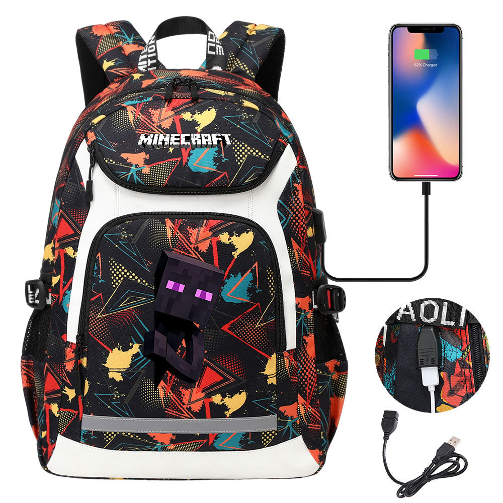 Minecraft Enderman USB Charging Backpack School NoteBook Laptop Travel Bags
