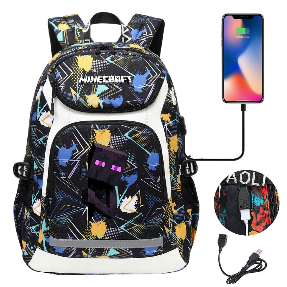 Minecraft Enderman USB Charging Backpack School NoteBook Laptop Travel Bags