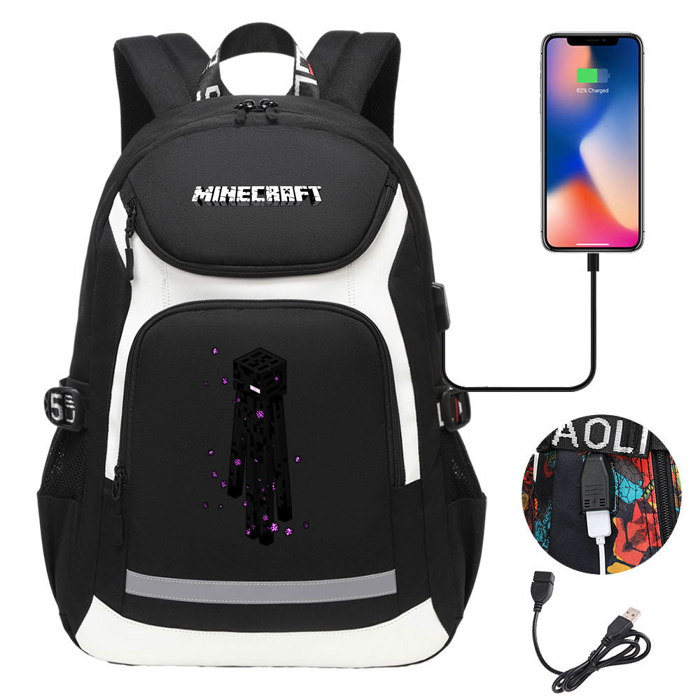 Minecraft Enderman USB Charging Backpack School NoteBook Laptop Travel Bags