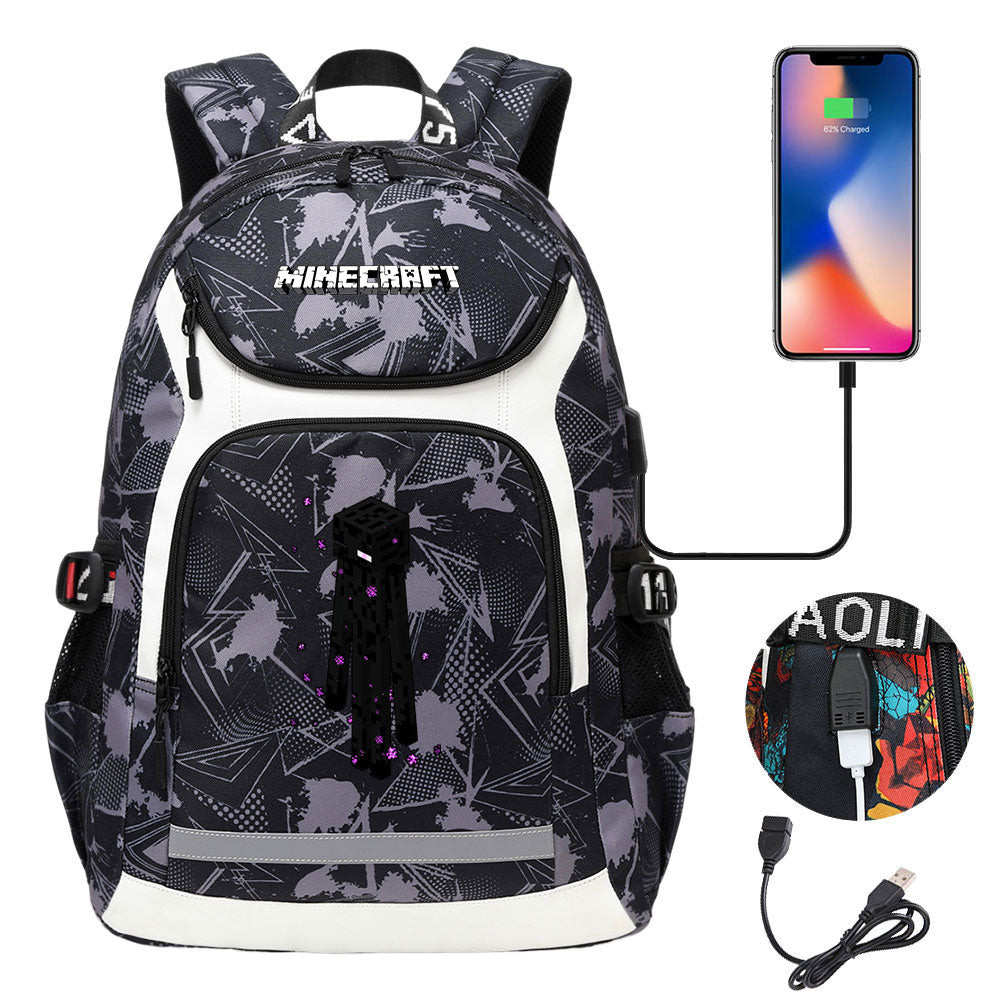 Minecraft Enderman USB Charging Backpack School NoteBook Laptop Travel Bags