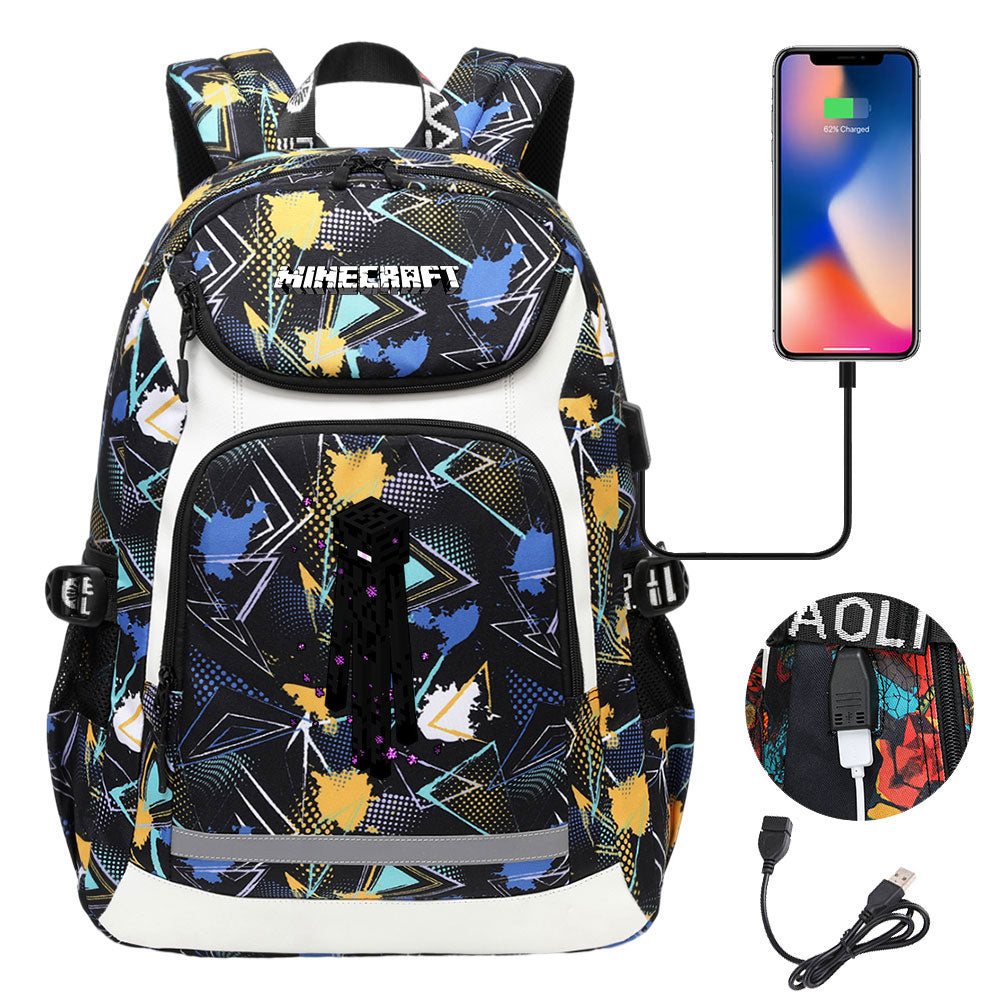 Minecraft Enderman USB Charging Backpack School NoteBook Laptop Travel Bags