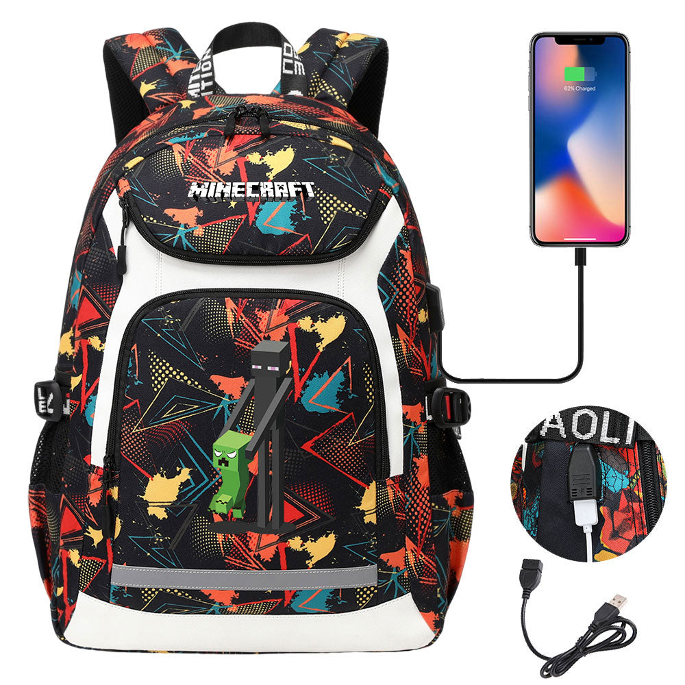 Minecraft Enderman USB Charging Backpack School NoteBook Laptop Travel Bags