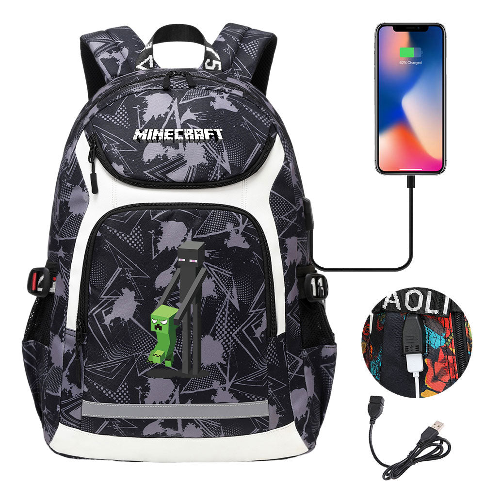 Minecraft Enderman USB Charging Backpack School NoteBook Laptop Travel Bags