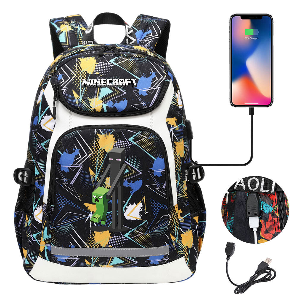 Minecraft Enderman USB Charging Backpack School NoteBook Laptop Travel Bags