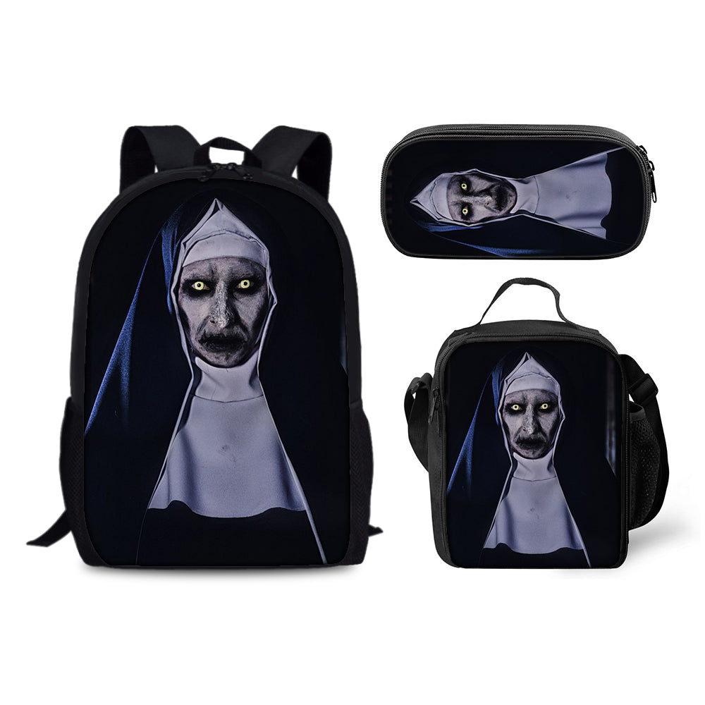 Nun Horror Movie Schoolbag Backpack Lunch Bag Pencil Case 3pcs Set Gift for Kids Students