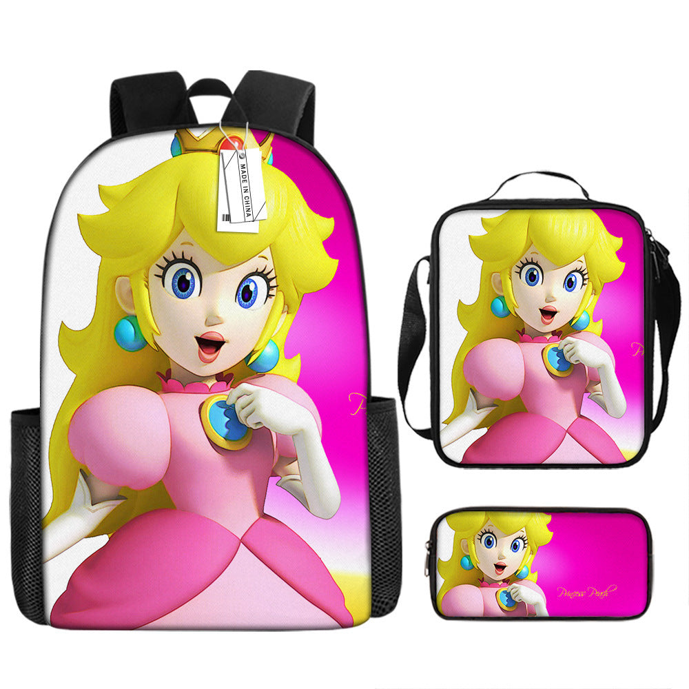 Mario Princess Peach Schoolbag Backpack Lunch Bag Pencil Case 3pcs Set Gift for Kids Students