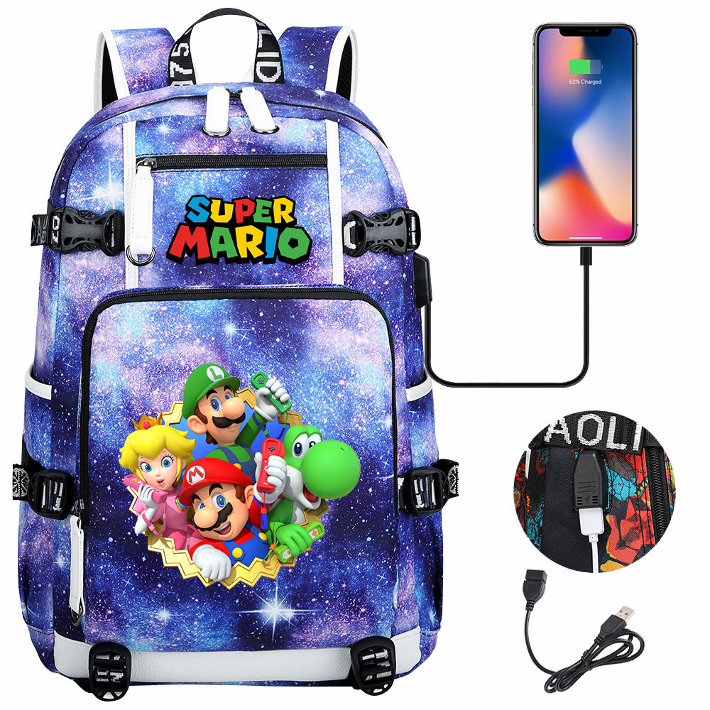 Super Mario USB Charging Backpack School NoteBook Laptop Travel Bags