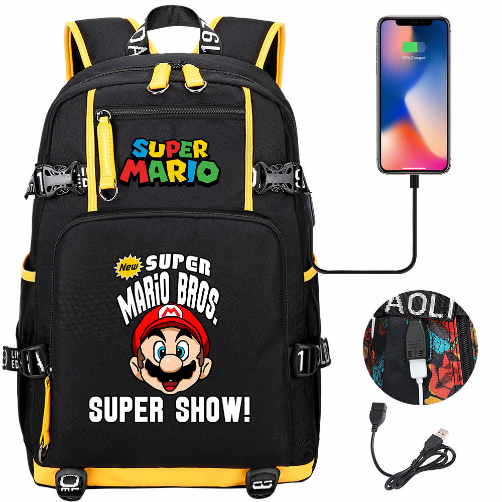 Super Mario USB Charging Backpack School NoteBook Laptop Travel Bags