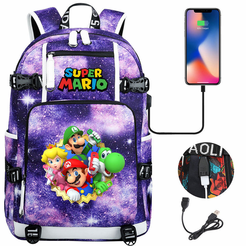 Super Mario USB Charging Backpack School NoteBook Laptop Travel Bags