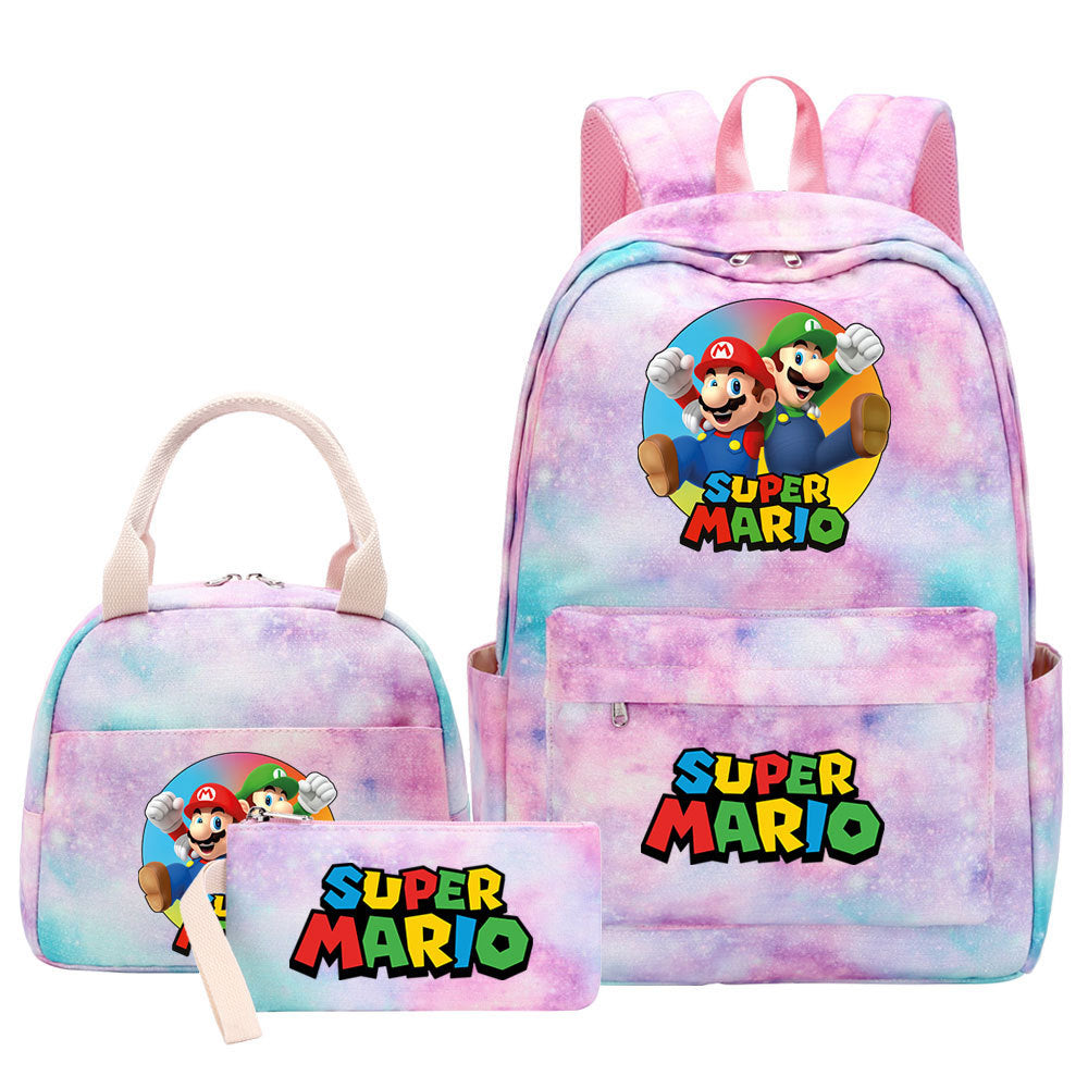 Super Mario Pink Starry Sky SchoolBag Backpack Lunch Box Bag Book Pencil Bags  3pcs Set