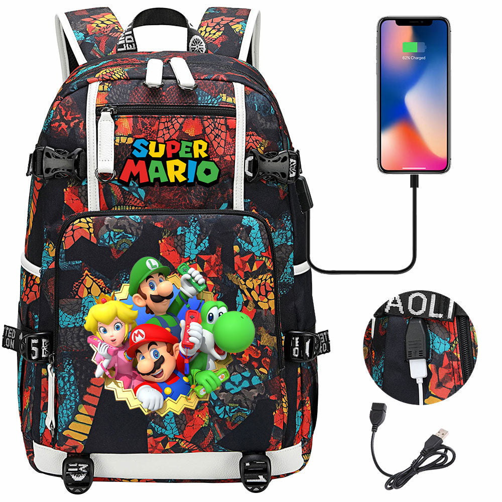 Super Mario USB Charging Backpack School NoteBook Laptop Travel Bags
