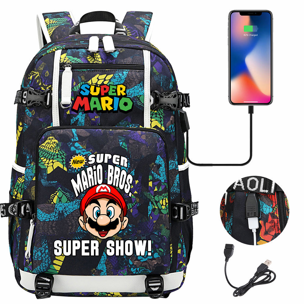 Super Mario USB Charging Backpack School NoteBook Laptop Travel Bags