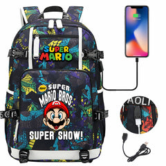 Super Mario USB Charging Backpack School NoteBook Laptop Travel Bags