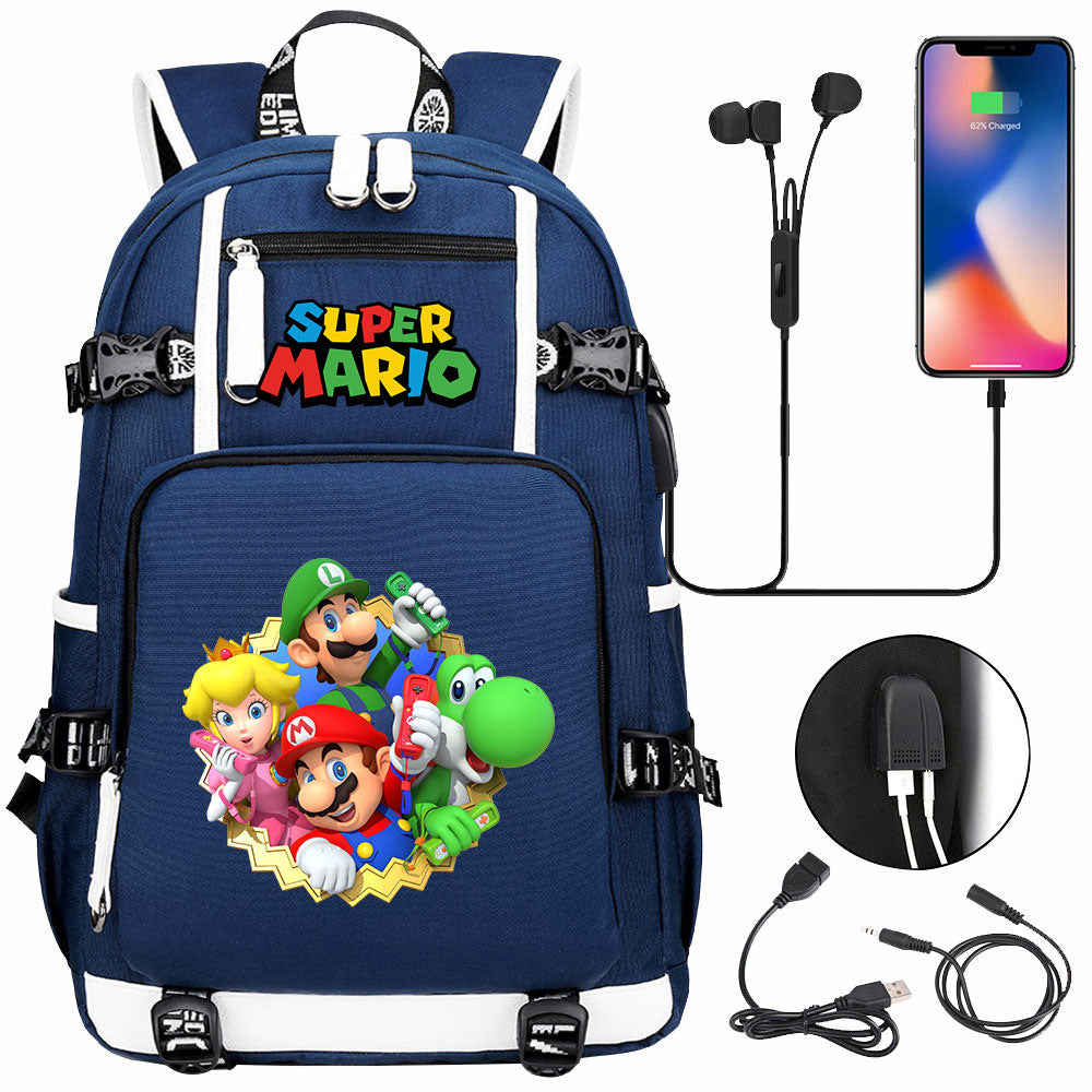 Super Mario USB Charging Backpack School NoteBook Laptop Travel Bags