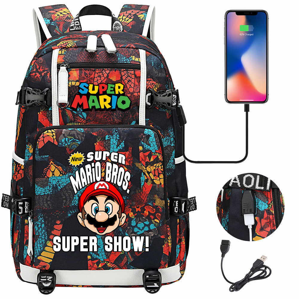 Super Mario USB Charging Backpack School NoteBook Laptop Travel Bags