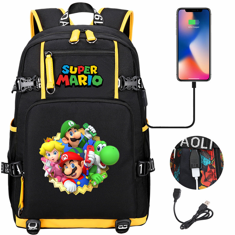Super Mario USB Charging Backpack School NoteBook Laptop Travel Bags