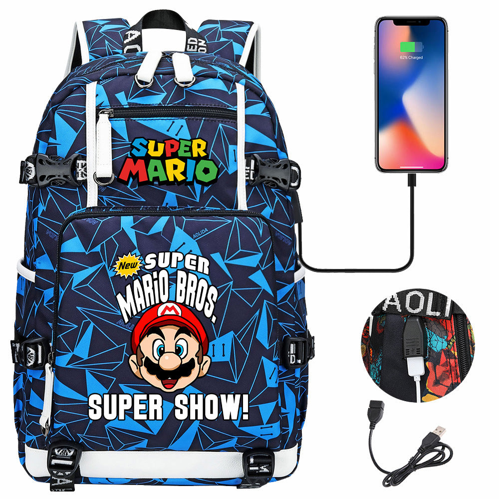 Super Mario USB Charging Backpack School NoteBook Laptop Travel Bags