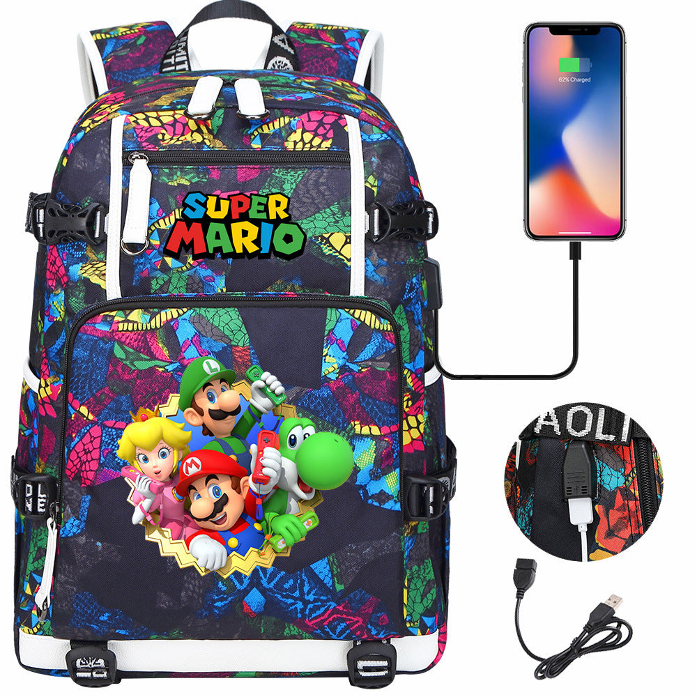 Super Mario USB Charging Backpack School NoteBook Laptop Travel Bags