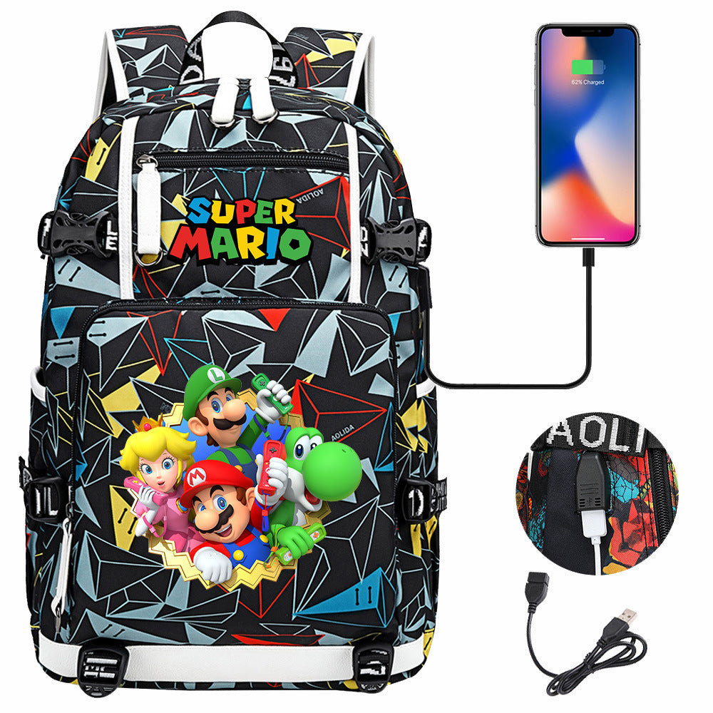 Super Mario USB Charging Backpack School NoteBook Laptop Travel Bags