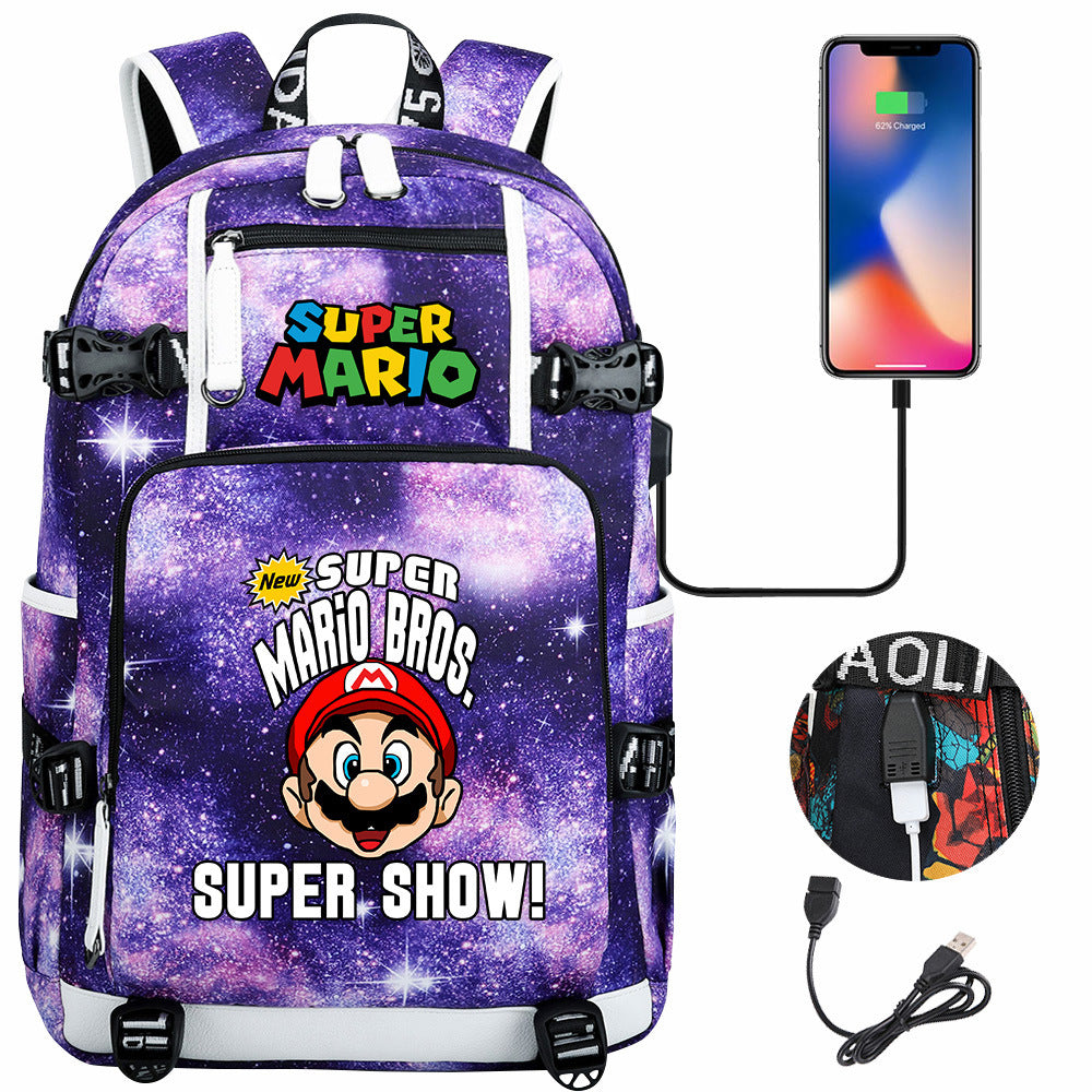 Super Mario USB Charging Backpack School NoteBook Laptop Travel Bags