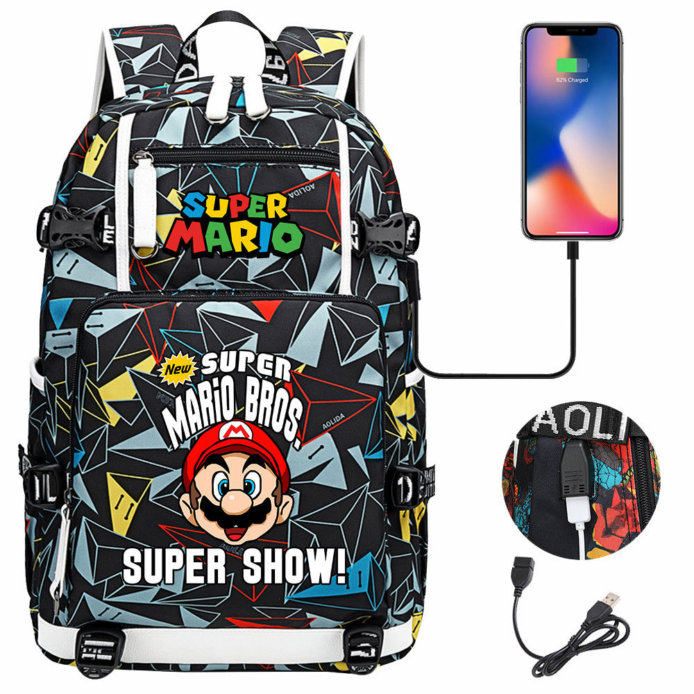 Super Mario USB Charging Backpack School NoteBook Laptop Travel Bags