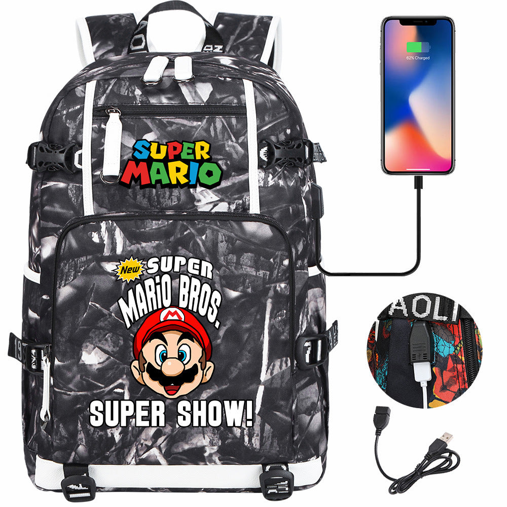 Super Mario USB Charging Backpack School NoteBook Laptop Travel Bags