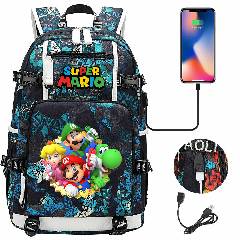 Super Mario USB Charging Backpack School NoteBook Laptop Travel Bags