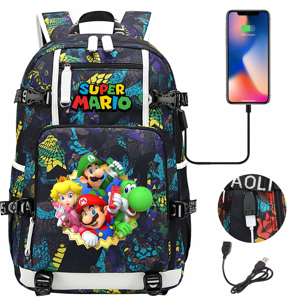 Super Mario USB Charging Backpack School NoteBook Laptop Travel Bags