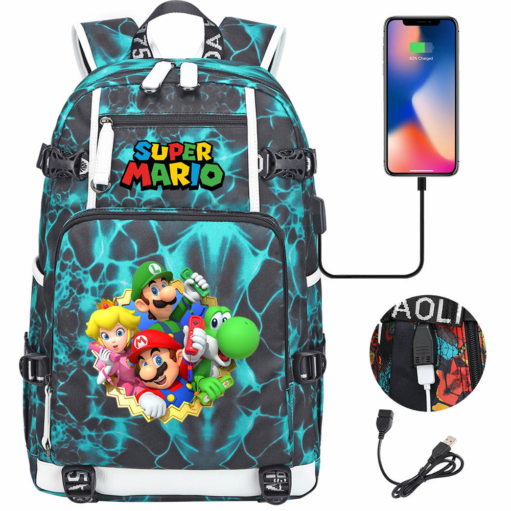 Super Mario USB Charging Backpack School NoteBook Laptop Travel Bags