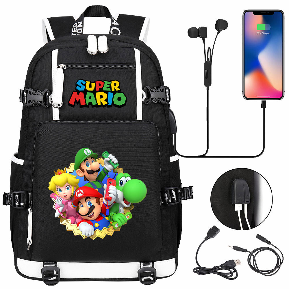 Super Mario USB Charging Backpack School NoteBook Laptop Travel Bags