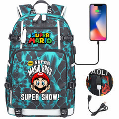 Super Mario USB Charging Backpack School NoteBook Laptop Travel Bags