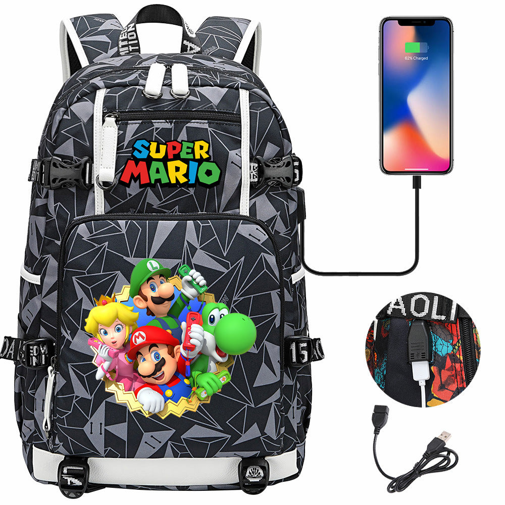 Super Mario USB Charging Backpack School NoteBook Laptop Travel Bags