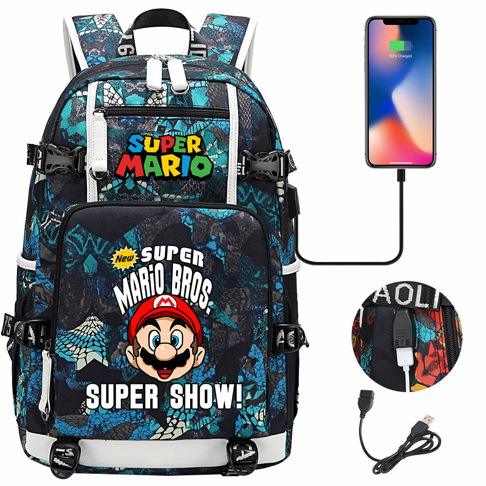 Super Mario USB Charging Backpack School NoteBook Laptop Travel Bags