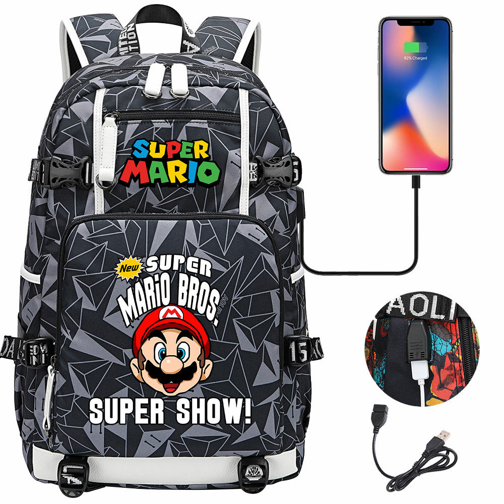 Super Mario USB Charging Backpack School NoteBook Laptop Travel Bags