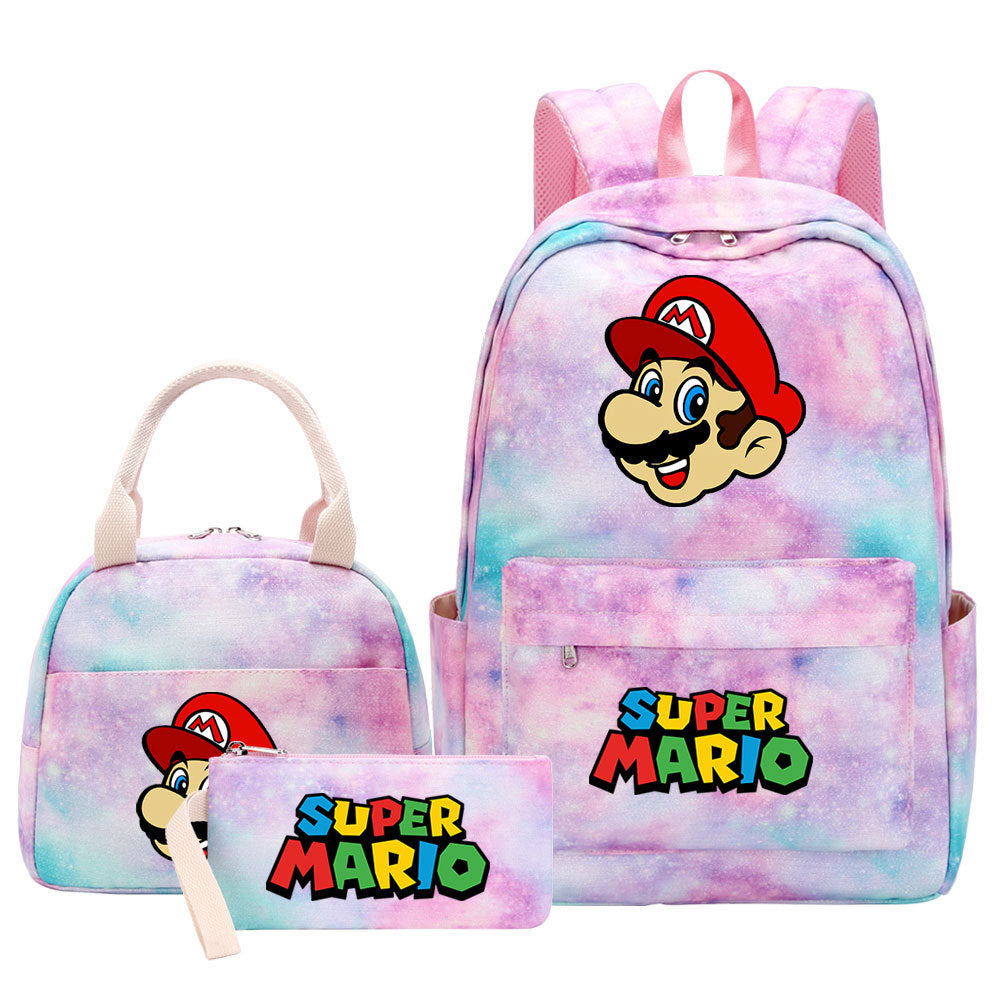 Super Mario Pink Starry Sky SchoolBag Backpack Lunch Box Bag Book Pencil Bags  3pcs Set