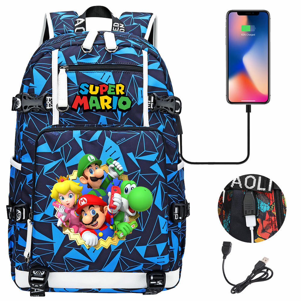 Super Mario USB Charging Backpack School NoteBook Laptop Travel Bags