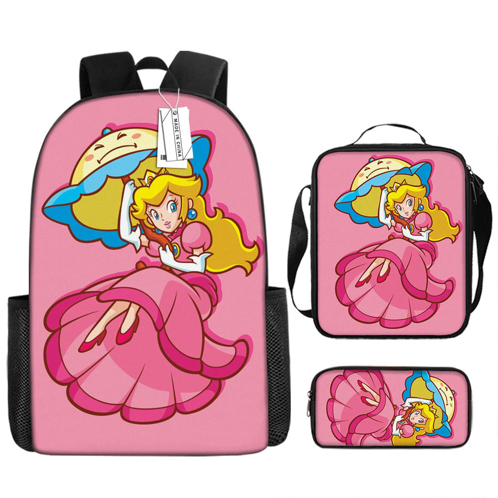 Mario Princess Peach Schoolbag Backpack Lunch Bag Pencil Case 3pcs Set Gift for Kids Students