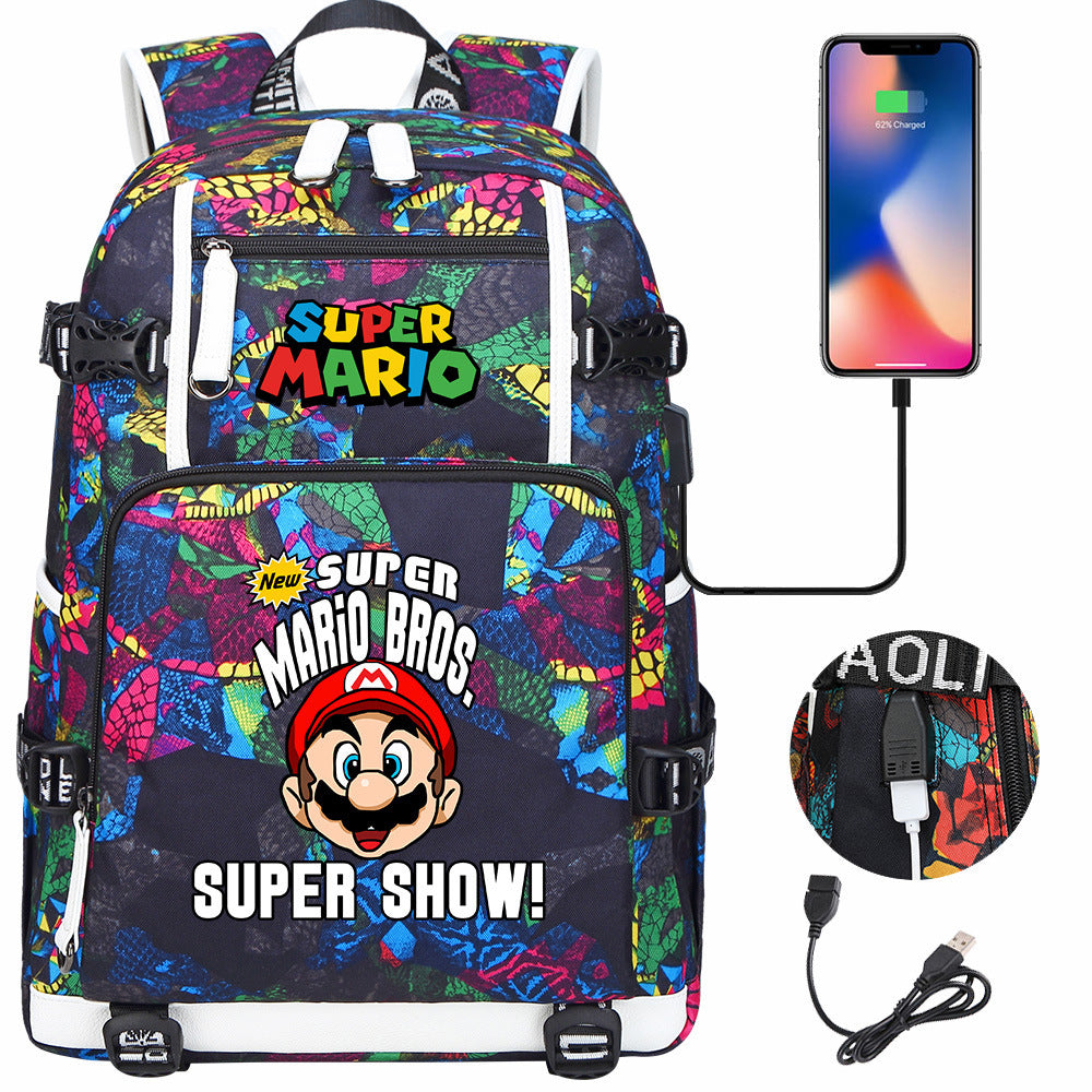 Super Mario USB Charging Backpack School NoteBook Laptop Travel Bags