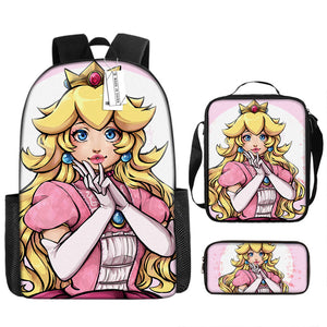 Mario Princess Peach Schoolbag Backpack Lunch Bag Pencil Case 3pcs Set Gift for Kids Students