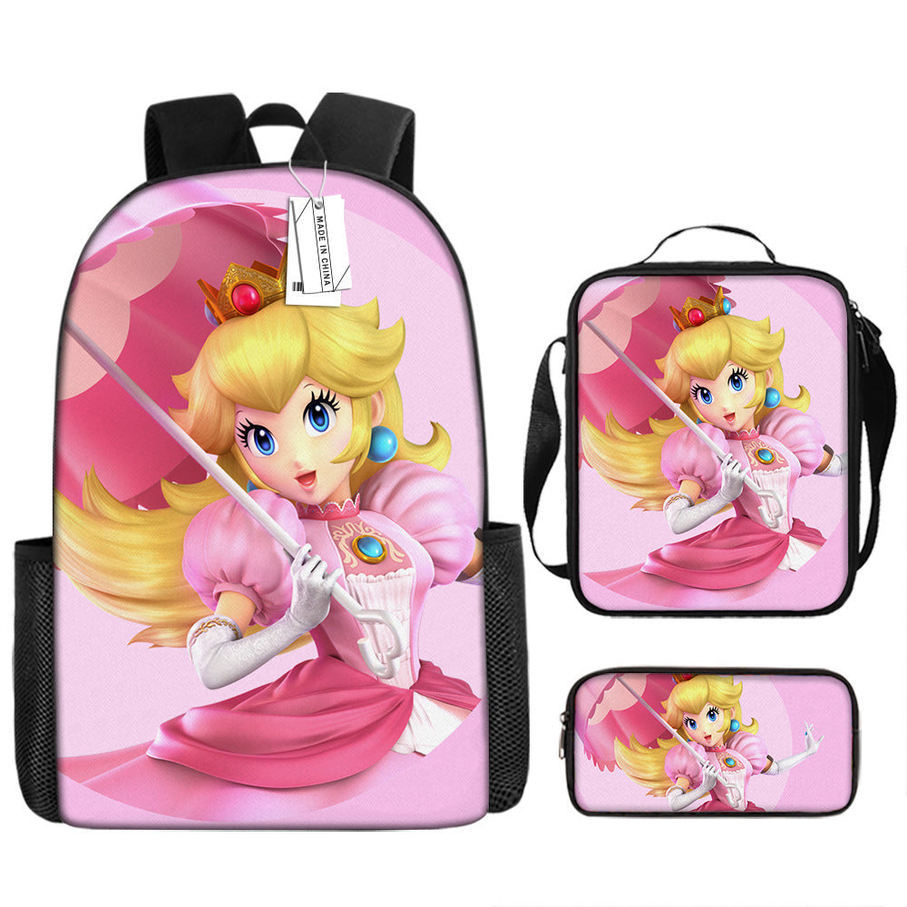 Mario Princess Peach Schoolbag Backpack Lunch Bag Pencil Case 3pcs Set Gift for Kids Students